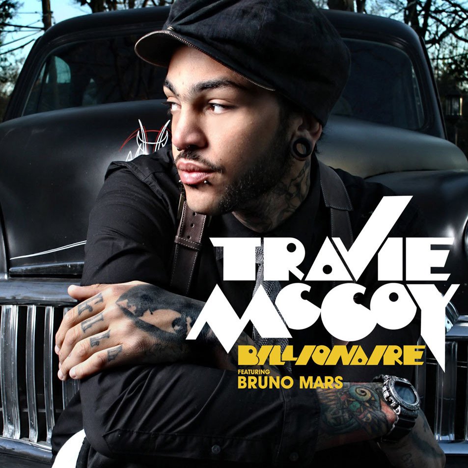 Travie McCoy's single cover of Billionaire; shows McCoy in black clothing with a classic car behind him with the single cover title and feature cred of Bruno Mars