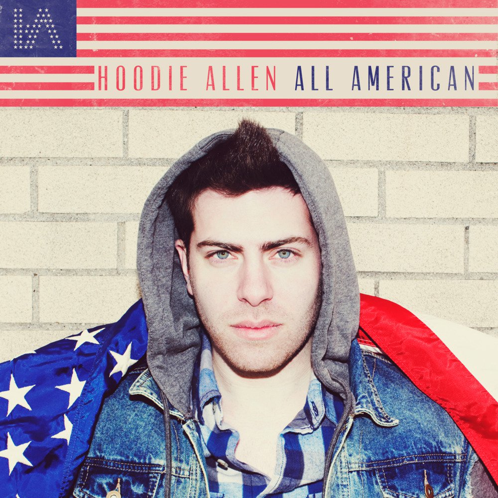 Hoodie Allen's album cover of All-American, featuring song Eighteen Cool; Allen stands in a american flag & brick wall background with text All-American on the top