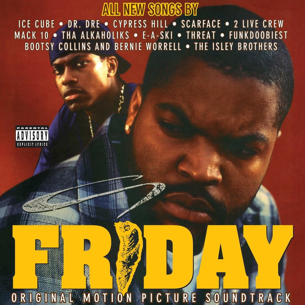 Ice Cube's album cover of Friday; yellow bold text of Friday, images of I-Cube and Dr. Dre
