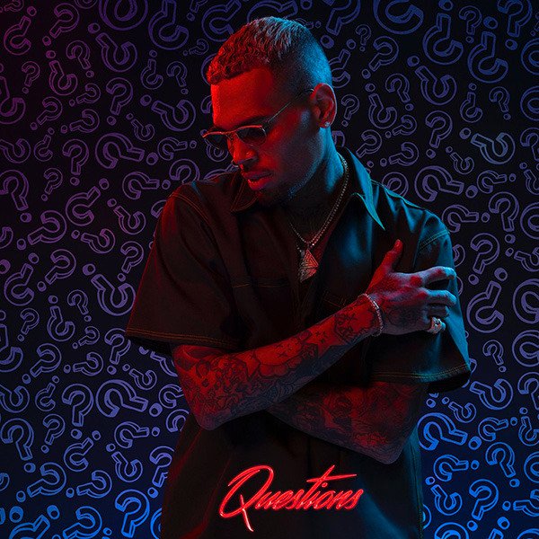 Chris Brown's Single Cover, Questions, with Chris in a blue background, red foreground image